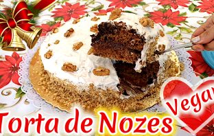Torta de Nozes Vegana Com Cobertura de Chocolate e Chantilly de Leite de Nozes e Recheio de Passas